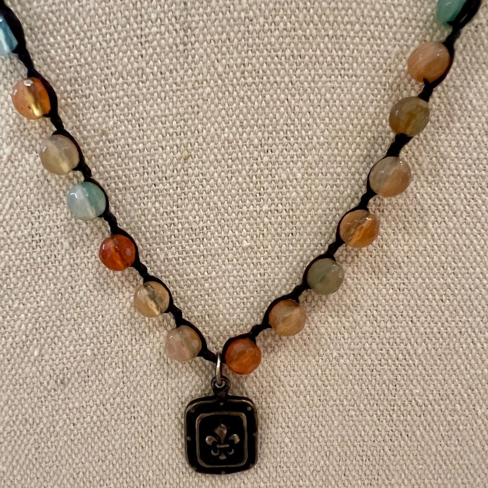 Love Tokens Mixed Gemstone Necklace | Fleur-de-Lis Charm | Boho